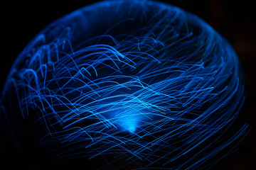 Wall Mural - blue abstract particles and lines with bokeh and blur in dark background