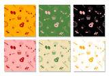 Fototapeta Boho - A set of colorful seamless fast food patterns . The pattern consists of a variety of fast food icons in the flat style. Bright patterns in different colors.