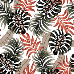 Wall Mural - Fashionable seamless tropical pattern with bright plants and leaves on a white background. Seamless pattern with colorful leaves and plants. Beautiful seamless vector floral pattern.