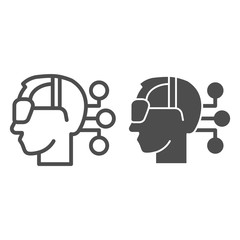 Poster - Human head wearing virtual reality glasses line and solid icon, smart home symbol, technology vector sign on white background, virtual reality headset, android with connections icon outline. Vector.