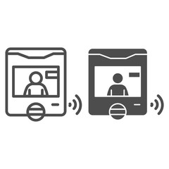 Poster - Intercom with guest on screen line and solid icon, smart home symbol, person recognition video vector sign on white background, security webcam display with man icon outline style. Vector graphics.