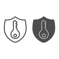Poster - Emblem and key line and solid icon, smart home symbol, security and protection vector sign on white background, Privacy shield and key icon in outline style for mobile concept and web design. Vector.