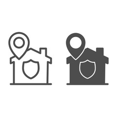 Poster - Location pointer and building with protect emblem line and solid icon, smart home symbol, security and protection vector sign on white background, map pin with house and shield icon outline. Vector.