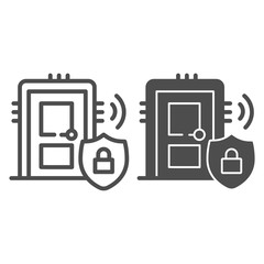Poster - Door with secure lock on emblem line and solid icon, smart home symbol, house safe technology vector sign on white background, thief door protection icon in outline style. Vector graphics.