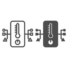 Poster - Electronic thermometer and network line and solid icon, smart home symbol, remote house heating technology vector sign on white background, temperature measuring device with connections icon. Vector.