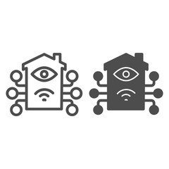 Poster - Artificial intelligence house and network line and solid icon, smart home symbol, remote control and robotic technology house vector sign on white background, building with eye and connections icon.
