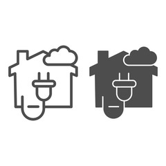 Poster - House with electric plug and cloud line and solid icon, smart home symbol, modern technology vector sign on white background, house and plug icon in outline style for mobile and web. Vector graphics.
