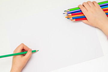 Sticker - Top view of hand of child drawing by green pencil on white paper holding bunch of colored pencils in her hand. Selective focus.