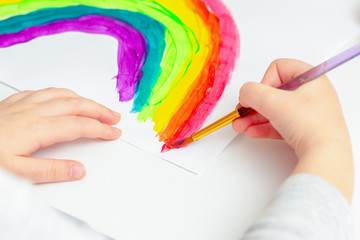 Wall Mural - Close up of hands of a child drawing a rainbow on white paper in the quarantine time.