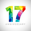 17 th anniversary numbers. 17 years old logotype. Bright congrats. Isolated abstract graphic design template. Creative 1, 7 3D digits. Up to 17%, -17% percent off discount. Congratulation concept.
