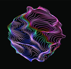 Poster - Illuminated holographic circle with glitched wavy texture. Retrofuturistic illustration in 80s-90s synthwave and retrowave chromatic spectrum colors.
