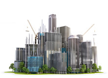Line From Skyscrapers In Building Process. City Skyline Isolated On A White. 3d Illustration