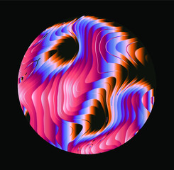 Poster - Illuminated holographic circle with glitched wavy texture. Retrofuturistic illustration in 80s-90s synthwave and retrowave chromatic spectrum colors.