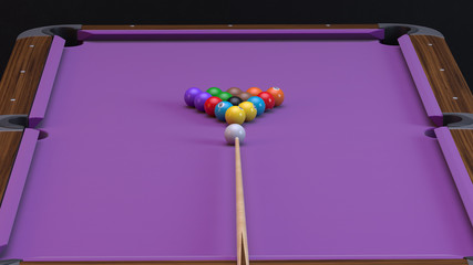 Wooden billiard table with purple cloth and colorful billiard balls. 3d render.