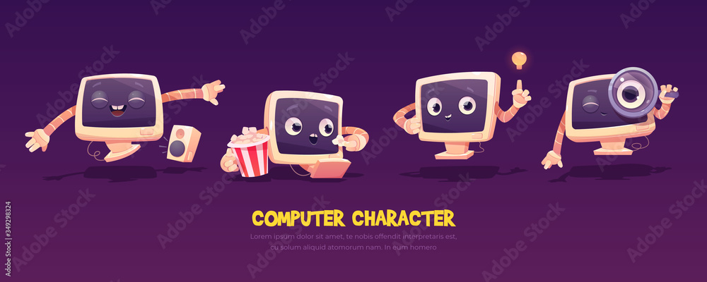 Computer Control Cute Figure Cartoon computer character set. Cute pc desktop in different poses ...