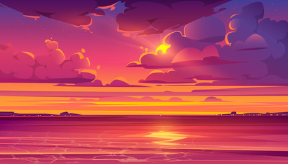 Wall Mural - Sea sunset. Tropical landscape with ocean, sky and clouds in red light of evening sun. Vector cartoon summer seascape with orange reflection in water and coastline silhouette on horizon