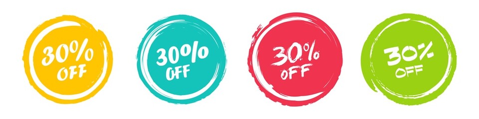 Aufkleber - Set of grunge sticker with 30 percent off in a flat design. For sale, promotion, advertising