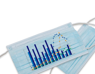 白背景と医療マスクと感染者数グラフ　 コロナウイルス、covid-19
