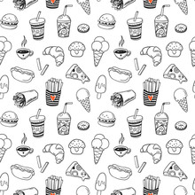 Modern Doodle Seamless Pattern With Hand Drawn Fast Food Elements