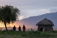 Arusha, Tanzania On 1st June 2019. Group Of Masai People At There Village During The Sunrise With Beautiful Colourful Background