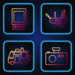 Sticker - Set line Photo camera, Rv Camping trailer, Open matchbox and matches and Swiss army knife. Gradient color icons. Vector