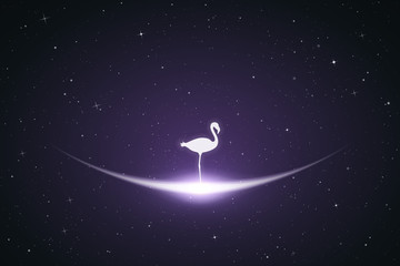 Sticker - Lonely flamingo in space. Vector conceptual illustration with white silhouette of endangered bird and glowing outline. Surreal violet background for greeting cards, posters and other design