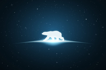Sticker - polar bear in space. vector conceptual illustration with white silhouette of endangered animal and g