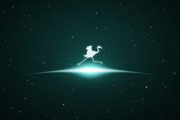 Sticker - Running flamingo in space. Vector conceptual illustration with white silhouette of endangered bird and glowing outline. Surreal green background for greeting cards, posters and other design