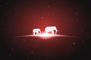 Sticker - Elephant family walk in space. Vector conceptual illustration with white silhouette of endangered animals and glowing outline. Surreal red background for greeting cards, posters and other design