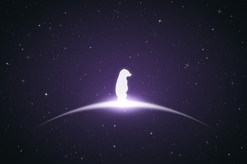 Sticker - lonely little bear in space. vector conceptual illustration with white silhouette of endangered anim