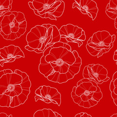 Wall Mural - Seamless pattern with linear poppies flowers on a red background. Floral pattern for greeting card, scrapbooking, invitation, wallpaper or fabric. Vector illustration