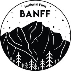 Wall Mural - Banff National Park, Canada. Vector illustration of Rocky mountains. Black and white print design. Sticker 