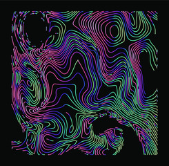 Poster - Holographic surface with glitched wavy texture. Retrofuturistic illustration in 80s-90s synthwave and retrowave chrome coloring.