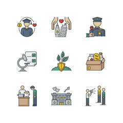 Poster - Human support RGB color icons set. Student loan for college graduate. Help war veteran, Social service. Volunteering to assist homeless. Food bank. Humanitarian aid. Isolated vector illustrations