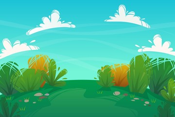 Wall Mural - nature park background. green grass on the lawn field, bushes plants and flowers, trees landscape. comic book style vector scenery