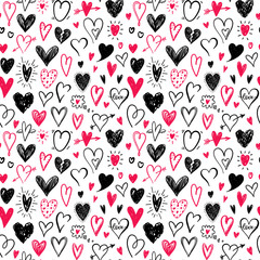 Wall Mural - Love pattern with hand drawn doodle hearts. Valentines Day design. Black, pink and white colors