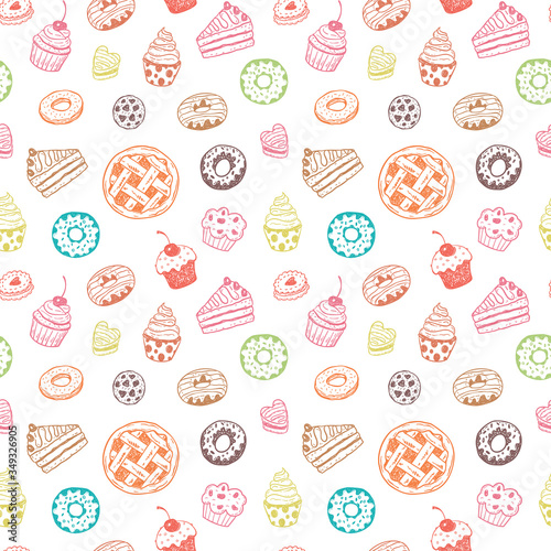 Obraz na płótnie Wzór z ręcznie rysowane doodle desery: pączki, babeczki, ciasto, ciasto, babeczki