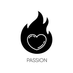 Sticker - Passion black glyph icon. Intense positive emotion. Affection and lust. Desire from libido. Flaming heart. Eager and attraction. Silhouette symbol on white space. Vector isolated illustration