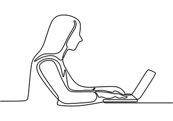 Poster - continuous line drawing of office worker sitting working on laptop computer. female freelancer conne