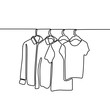 Continuous one line drawing of sweater, shirt, and t-shirt hanging on clothing rack. Minimalistic style of fashionable wardrobe collection. Continuous vector background with clothes and hangers.