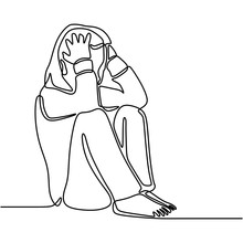 Continuous Line Drawing Of Exhausted Sad Young Woman Covering His Face By Hands. Female Suffering From Depression. Girl In Despair Sitting On The Ground. Frustration And Depression Person Concept.