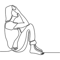 Continuous line drawing of exhausted sad young woman covering his face by hands. Female suffering from depression. Girl in despair sitting on the ground. Frustration and depression person concept.