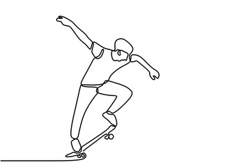 Wall Mural - Continuous one line drawing of skateboard player. Sport vector illustration theme. Happy young man playing a skateboarding competition challenging sport isolated on white background.