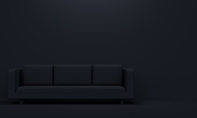 Poster - Dark interior with black sofa and overhead lighting. 3d rendering