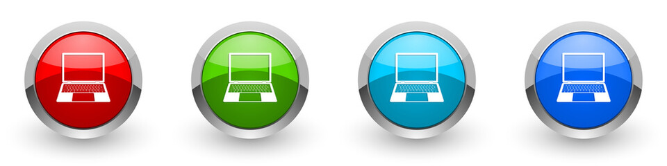 Aufkleber - Open notebook silver metallic glossy icons, laptop, mobile computer concept set of modern design buttons for web, internet and mobile applications in four colors options isolated on white background