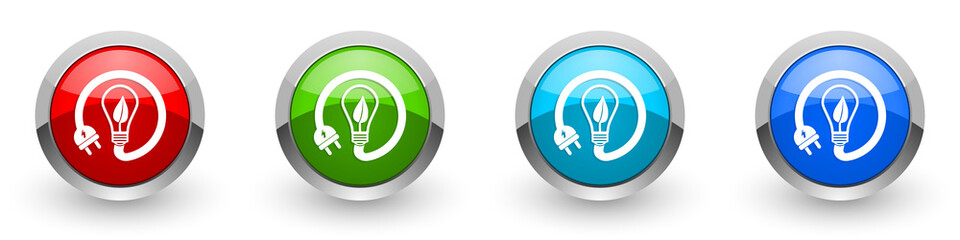 Leinwandbilder - Ecology, eco bulb silver metallic glossy icons, renewable energy concept set of modern design buttons for web, internet and mobile applications in four colors options isolated on white background