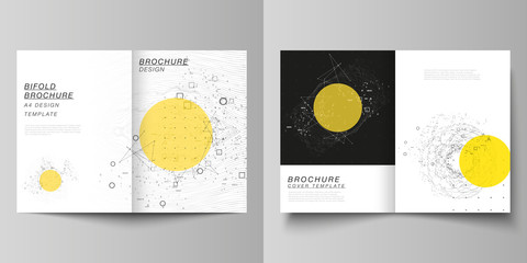 Vector layout of two A4 format modern cover mockups design templates for bifold brochure, flyer, booklet. Science or technology 3d background with dynamic particles. Chemistry and science concept.