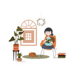 The girl is reading a book. Home interior, comfort. Home plants. Learning at home. 