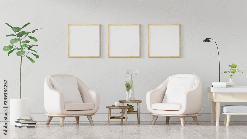 Download Square Poster Mockup With Three Frames On Empty White Wall In Living Room Interior Living Room 3d Rendering Wall Mural Sureya