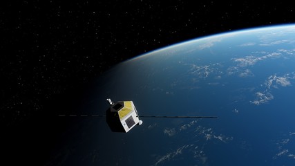 realistic satellite in orbit of the Earth, artificial satellite of telecommunications, satellite communications from Earth orbit, probe in Earth orbit 3d render